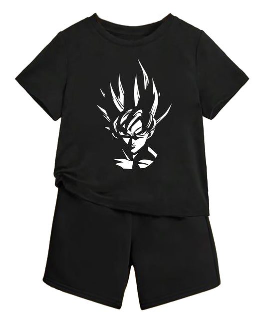 Boys Anime Graphic T-Shirt & Shorts Set (Ages 9–16 Years) – Black Super Saiyan Design