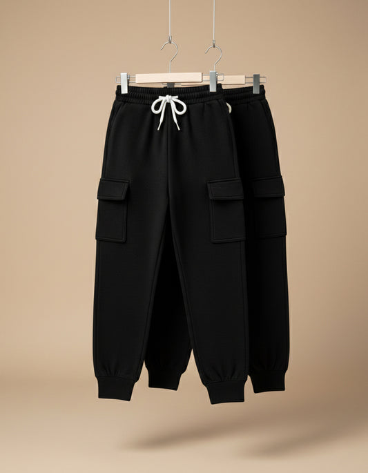 Boys Black Regular Fit Cotton Cargo Track Pants