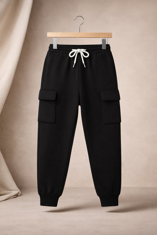 Boys Black Regular Fit Cotton Cargo Track Pants