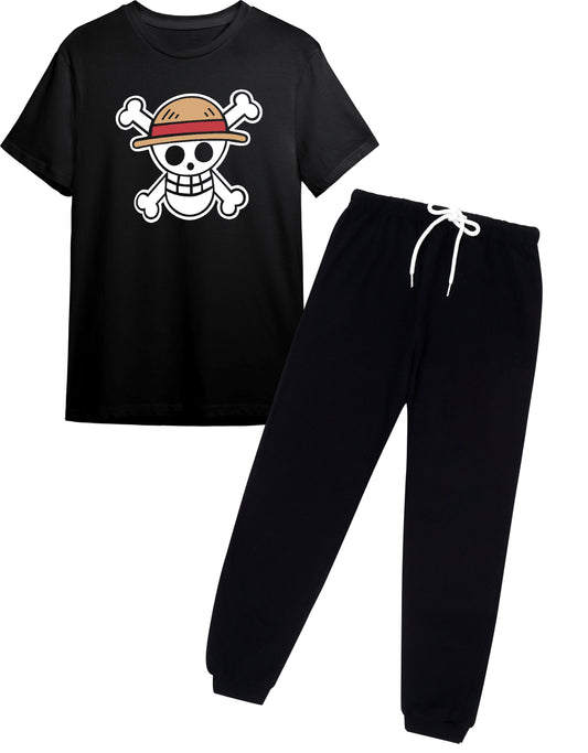 Boys Anime One Piece Pirate Logo Printed T-Shirt & Jogger Set | Stylish Casual Outfit for Ages 9–16 Years