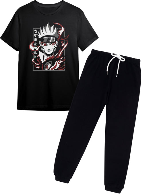 Boys Anime Hero Graphic Black T-Shirt & Grey Jogger Set | Ages 9-16 Years | Full Sleeve Casual Outfit