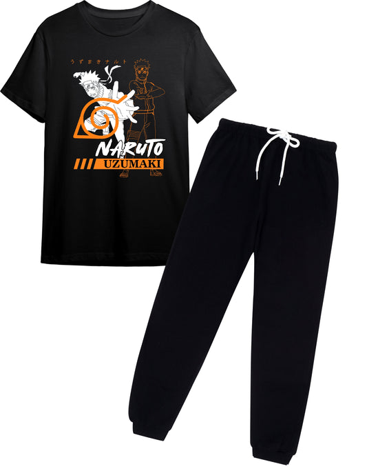 Boys Naruto Uzumaki Anime Graphic Black T-Shirt & Jogger Set | Ages 9-16 Years | Full Sleeve Casual Wear