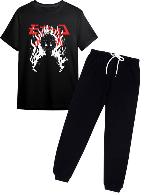 Boys Anime Flame Graphic Black T-Shirt & Black Jogger Set | Ages 9-16 Years | Casual Full Sleeve Outfit