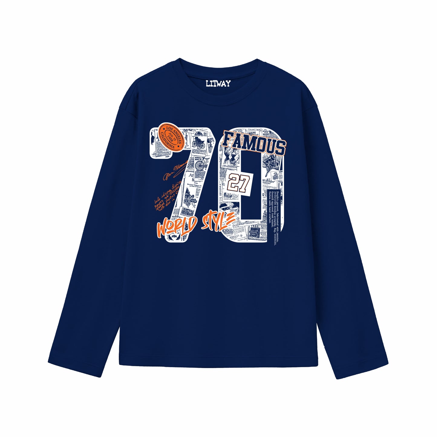 Boys Navy Blue Regular Fit Cotton Printed Full Sleeve T-Shirt and Black Pant Combo