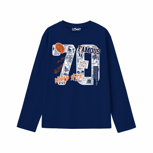 Boys Navy Blue 70 Famous World Style Graphic Full Sleeve T-Shirt | Pure Cotton Printed Tee for Kids (5–16 Years)
