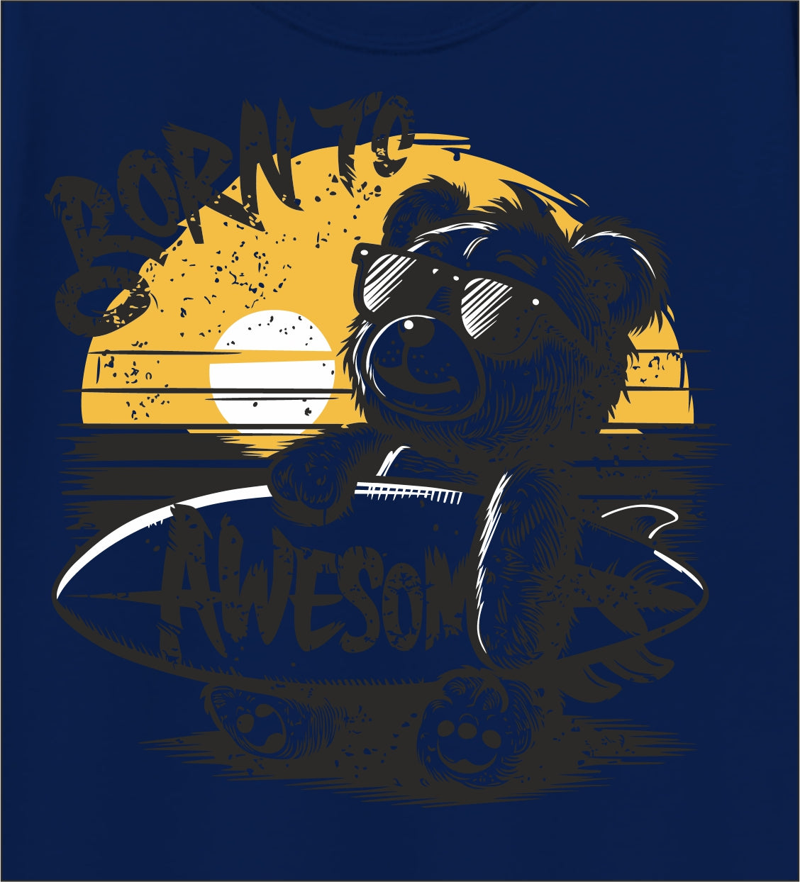 Boys Navy Blue Pure Cotton Surf Bear Graphic T-Shirt | “Born to Be Awesome” Print | Half Sleeve Round Neck Tee for Kids (5–16 Years)