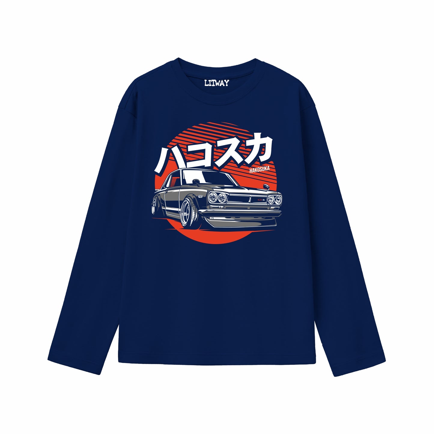 Boys Navy Blue Japanese Classic Car Graphic Full Sleeve T-Shirt | Pure Cotton Retro Racing Print Tee for Kids (5–16 Years)