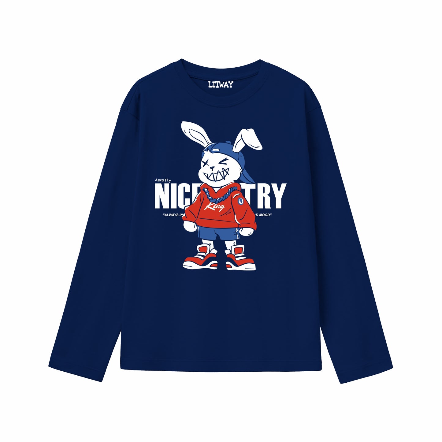 Boys Navy Blue Nice Try Cartoon Rabbit Graphic Full Sleeve T-Shirt | Pure Cotton Printed Tee for Kids (5–16 Years)
