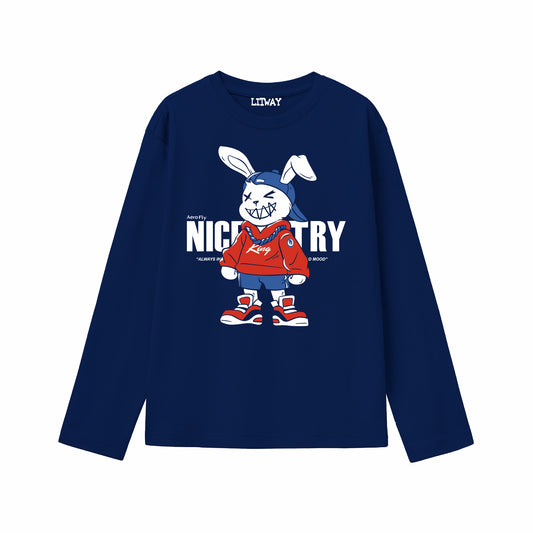 Boys Navy Blue Nice Try Cartoon Rabbit Graphic Full Sleeve T-Shirt | Pure Cotton Printed Tee for Kids (5–16 Years)