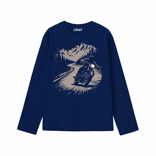 Boys Navy Blue Mountain Biker Graphic Full Sleeve T-Shirt | Pure Cotton Motorcycle Print Tee for Kids (5–16 Years)