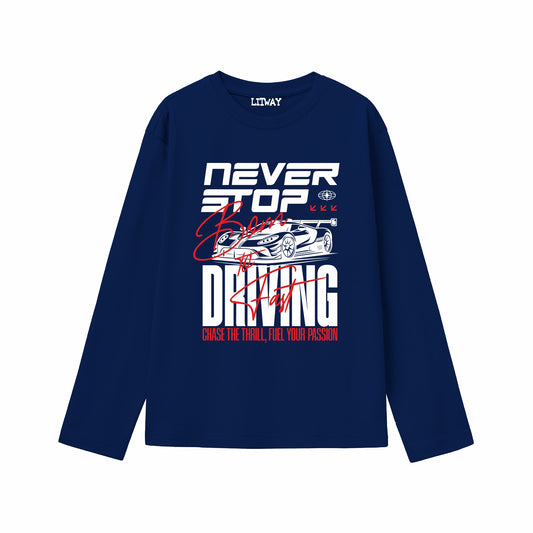 Boys Navy Blue Never Stop Driving Graphic Full Sleeve T-Shirt | Pure Cotton Racing Car Print Tee for Kids (5–16 Years)