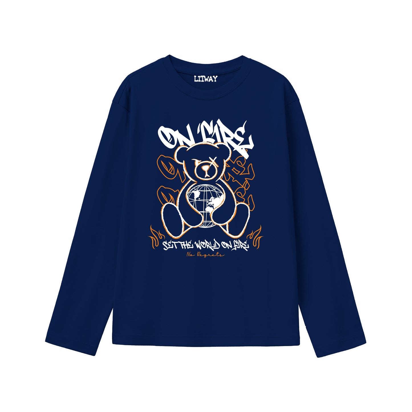 Boys Navy Blue On Fire Teddy Graphic Full Sleeve T-Shirt | Pure Cotton Printed Tee for Kids (5–16 Years)