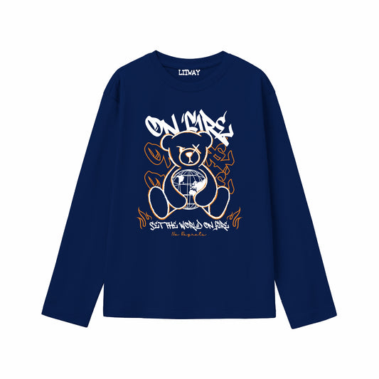 Boys Navy Blue On Fire Teddy Graphic Full Sleeve T-Shirt | Pure Cotton Printed Tee for Kids (5–16 Years)