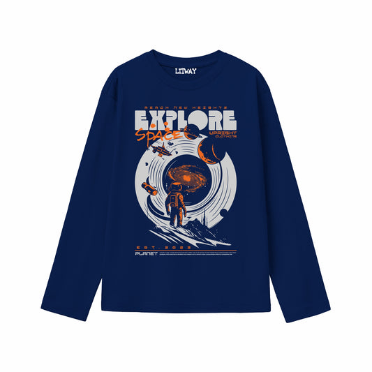 Boys Navy Blue Explore Space Graphic Full Sleeve T-Shirt | Pure Cotton Astronaut Print Tee for Kids (5–16 Years)