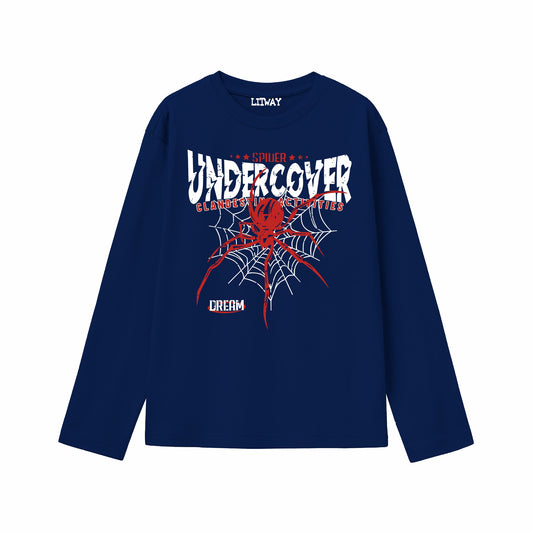 Boys Pure Cotton Full Sleeve Graphic T-Shirt | Spider Undercover Print | Navy Blue | Soft & Breathable Fabric | Ages 5–16 Years