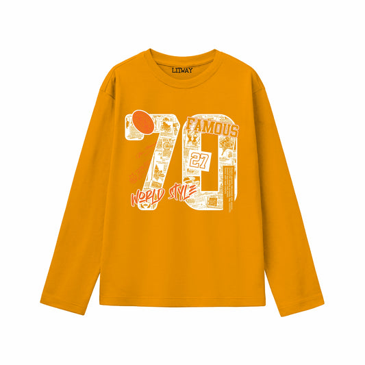 Boys Mustard Yellow Full Sleeve T-Shirt | 70 Famous World Style Graphic Print | Pure Cotton Kids Tee (Ages 5–16 Years)