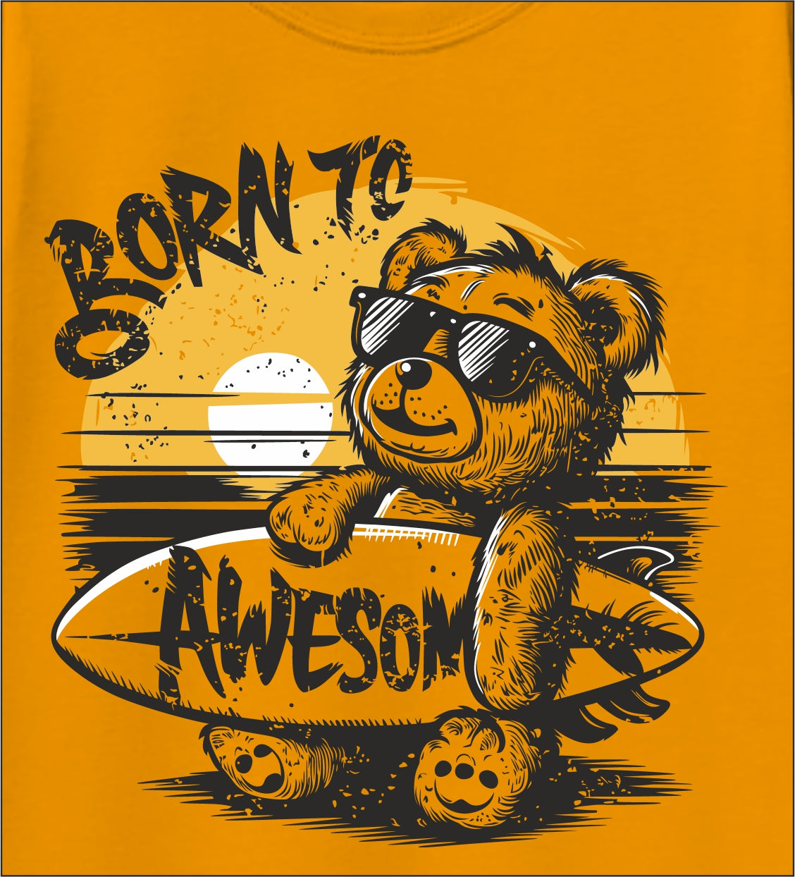 Boys Mustard Yellow Pure Cotton Graphic Printed T-Shirt | “Born to Awesome” Teddy Surf Design | Half Sleeve Crew Neck Casual Tee (5–16 Years)