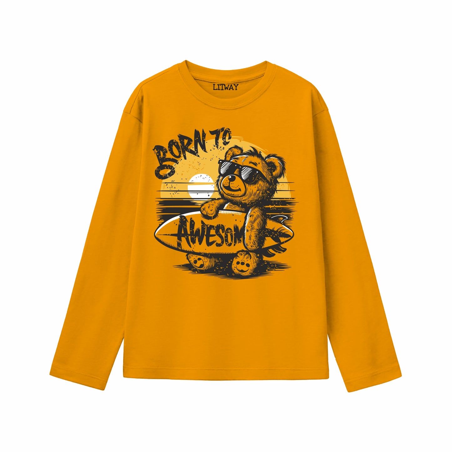 Boys Mustard Yellow Full Sleeve T-Shirt | Born To Be Awesome Bear Surf Graphic Print | Pure Cotton Kids Tee (Ages 5–16 Years)