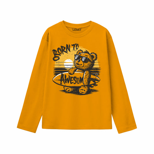 Boys Mustard Yellow Full Sleeve T-Shirt | Born To Be Awesome Bear Surf Graphic Print | Pure Cotton Kids Tee (Ages 5–16 Years)
