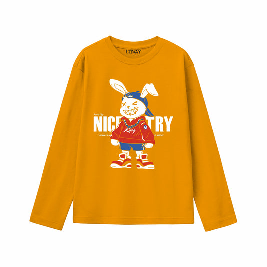 Boys Mustard Yellow Full Sleeve T-Shirt | Cute Bunny Cartoon Graphic Print | Pure Cotton Kids Tee (Ages 5–16 Years)