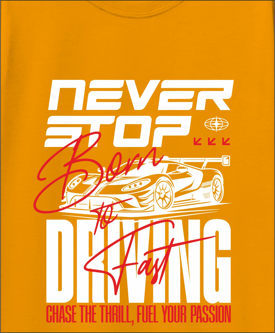 Boys Mustard Yellow Pure Cotton Graphic Printed T-Shirt | “Never Stop Born to Driving” Racing Car Print | Half Sleeve Crew Neck Casual Tee for Kids (5–16 Years)