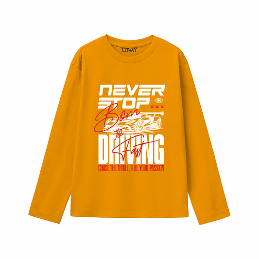 Boys Mustard Yellow Full Sleeve T-Shirt | Never Stop Dreaming Racing Print | Pure Cotton Kids Tee (Ages 5–16 Years)