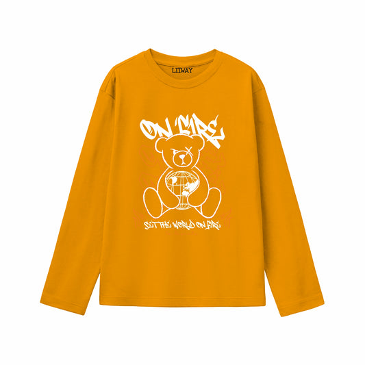 Boys Mustard Yellow Full Sleeve Pure Cotton T-Shirt with “On Mars” Teddy Graphic Print | Kids Casual Wear (Age 5–16 Years)