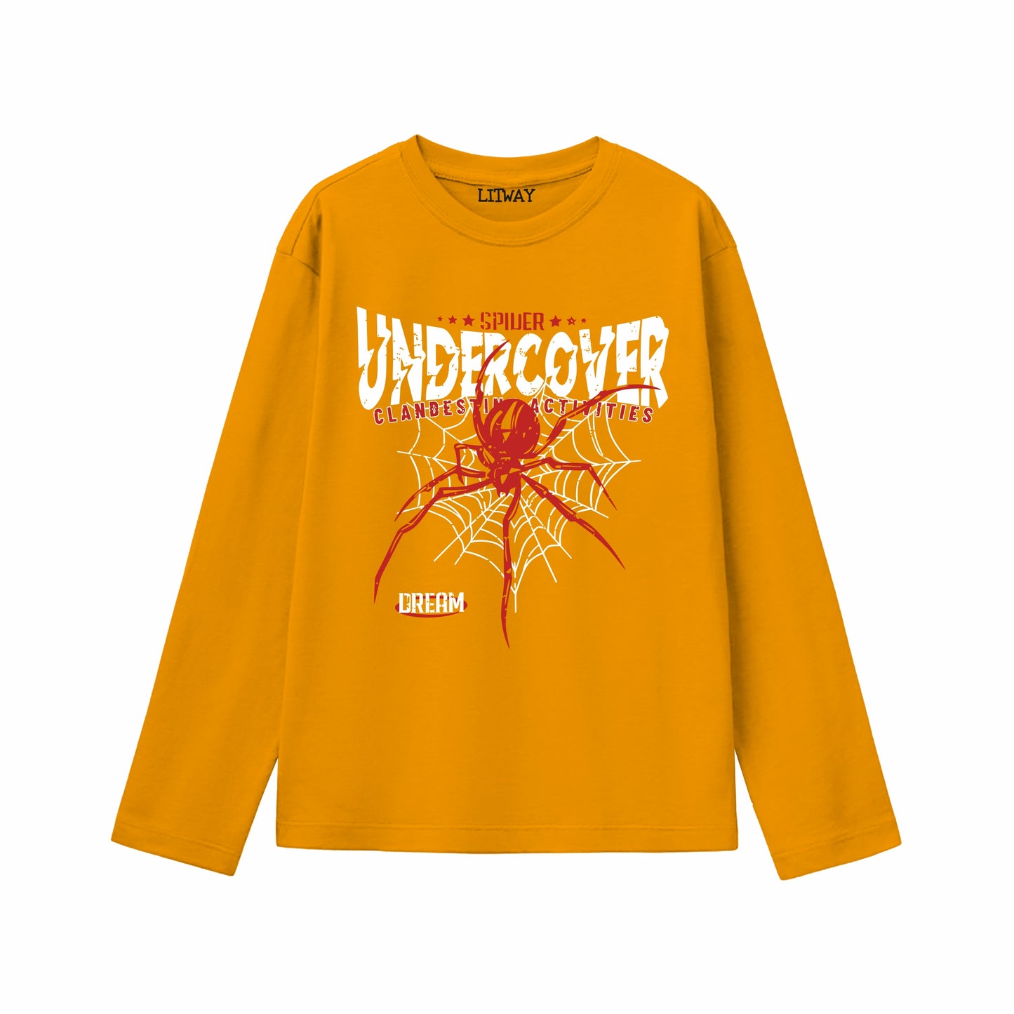 Boys Mustard Yellow Full Sleeve Pure Cotton T-Shirt with Spider Graphic Print | Kids Casual Wear (Age 5–16 Years)