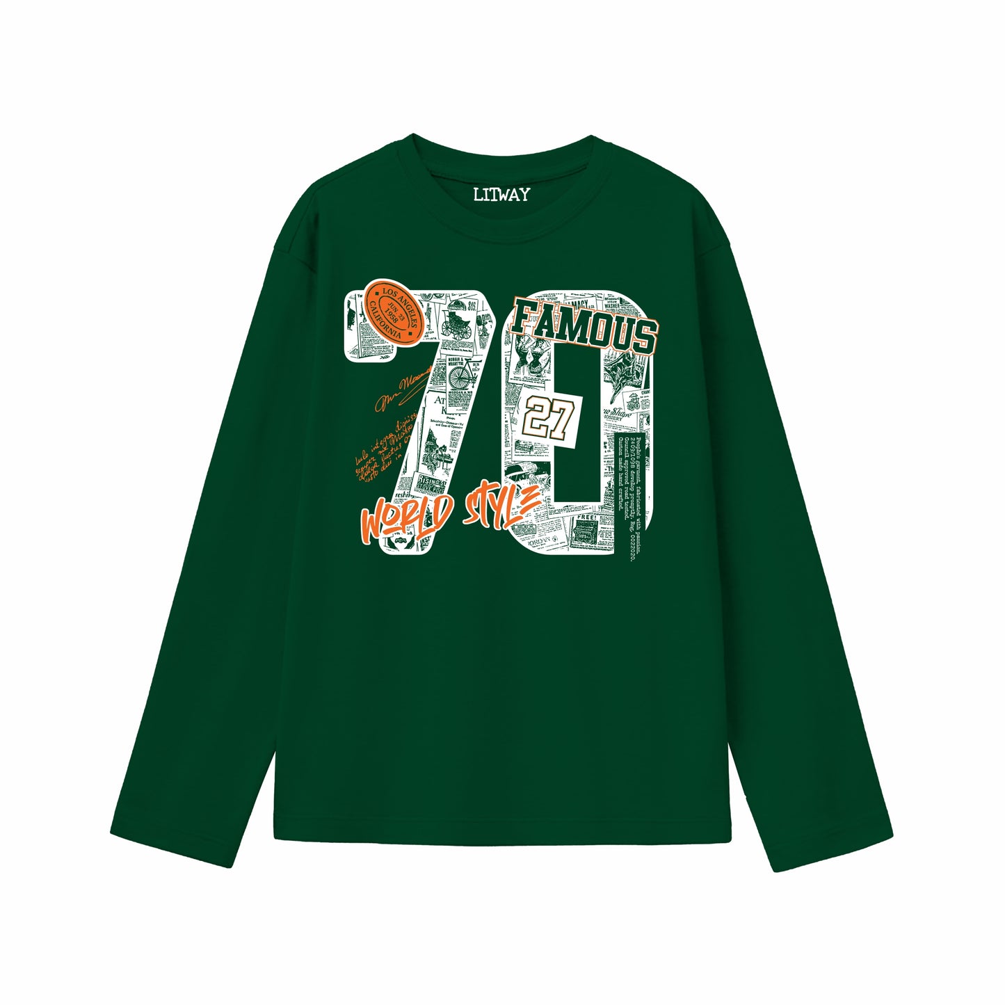 Boys Pure Cotton Full Sleeve T-Shirt & Grey Jogger Pant Set – Dark Green “70 Famous” Graphic Co-ord Set for Kids (5–16 Years)