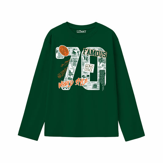 Boys Dark Green Pure Cotton Full Sleeve Graphic T-Shirt | “70 Famous World Style” Print Tee | Soft & Comfortable Casual Wear (Ages 5–16 Years)
