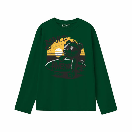 Boys Dark Green Pure Cotton Full Sleeve Graphic T-Shirt | Cool Teddy Bear Surfing Print Tee | Soft & Breathable Casual Wear (Ages 5–16 Years)