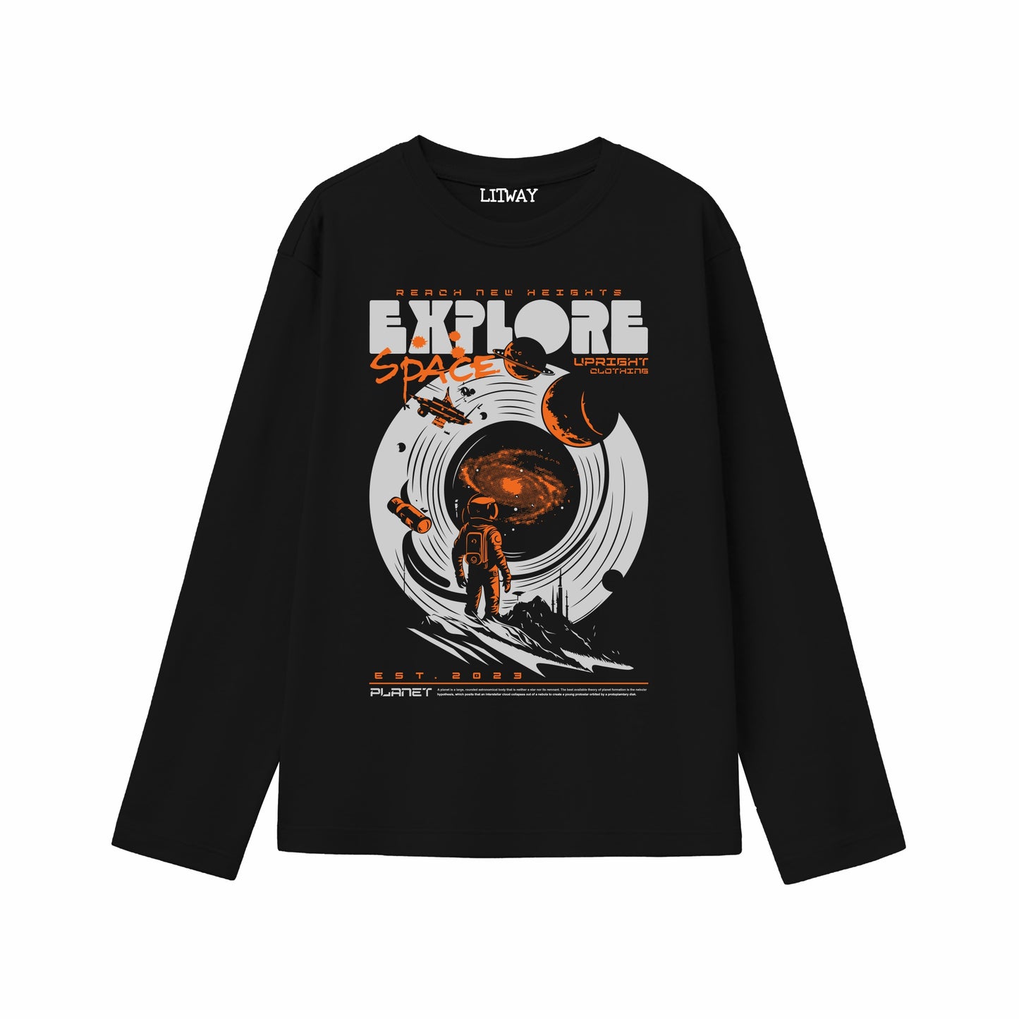 Boys Pure Cotton Full Sleeve Graphic T-Shirt | Explore Space Astronaut Print | Black Color | Soft & Breathable | Ages 5-16 Years