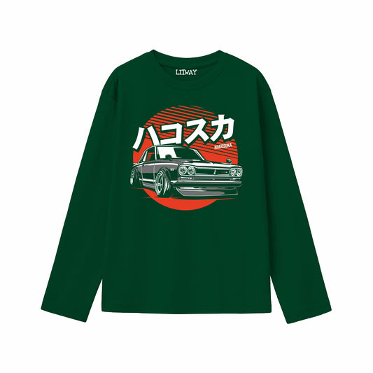 Boys Dark Green Pure Cotton Full Sleeve Graphic T-Shirt | Japanese Classic Car “Hakosuka” Print Tee | Soft & Comfortable Casual Wear (Ages 5–16 Years)