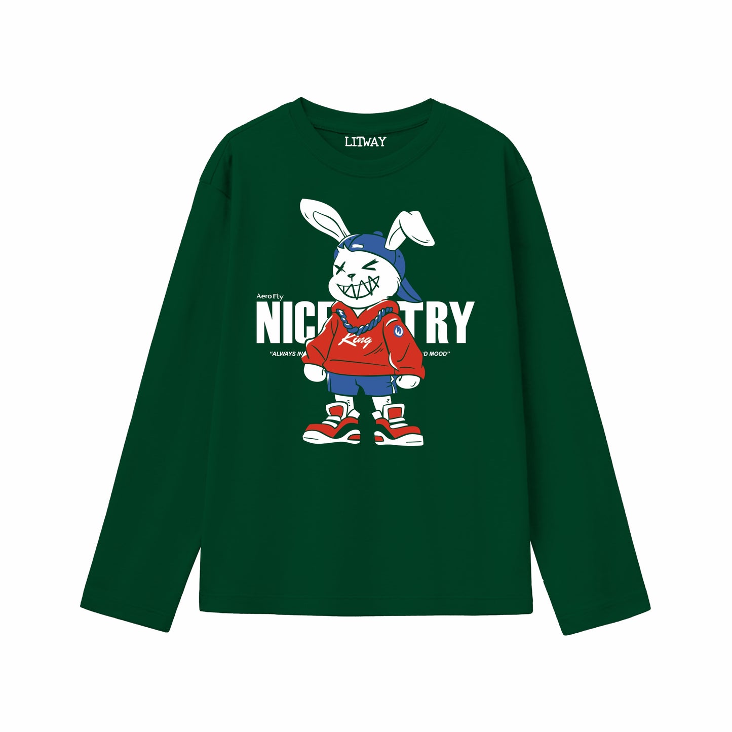 Boys Pure Cotton Dark Green Full Sleeve T-Shirt with Grey Jogger Pant Set – Cute Cartoon Bunny Graphic Print – Kids Casual Wear (Ages 5–16 Years)