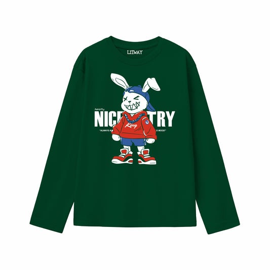 Boys Dark Green Pure Cotton Full Sleeve Graphic T-Shirt | Cool Bunny Cartoon “Nice Try” Print Tee | Soft & Breathable Casual Wear (Ages 5–16 Years)