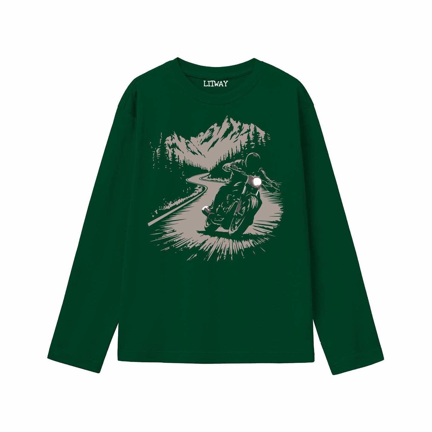 Boys Dark Green Pure Cotton Full Sleeve Graphic T-Shirt | Mountain Biker Ride Print Casual Tee | Soft & Breathable Kids Wear (Ages 5–16 Years)