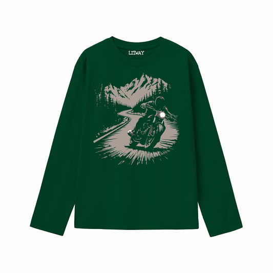 Boys Dark Green Pure Cotton Full Sleeve Graphic T-Shirt | Mountain Biker Ride Print Casual Tee | Soft & Breathable Kids Wear (Ages 5–16 Years)
