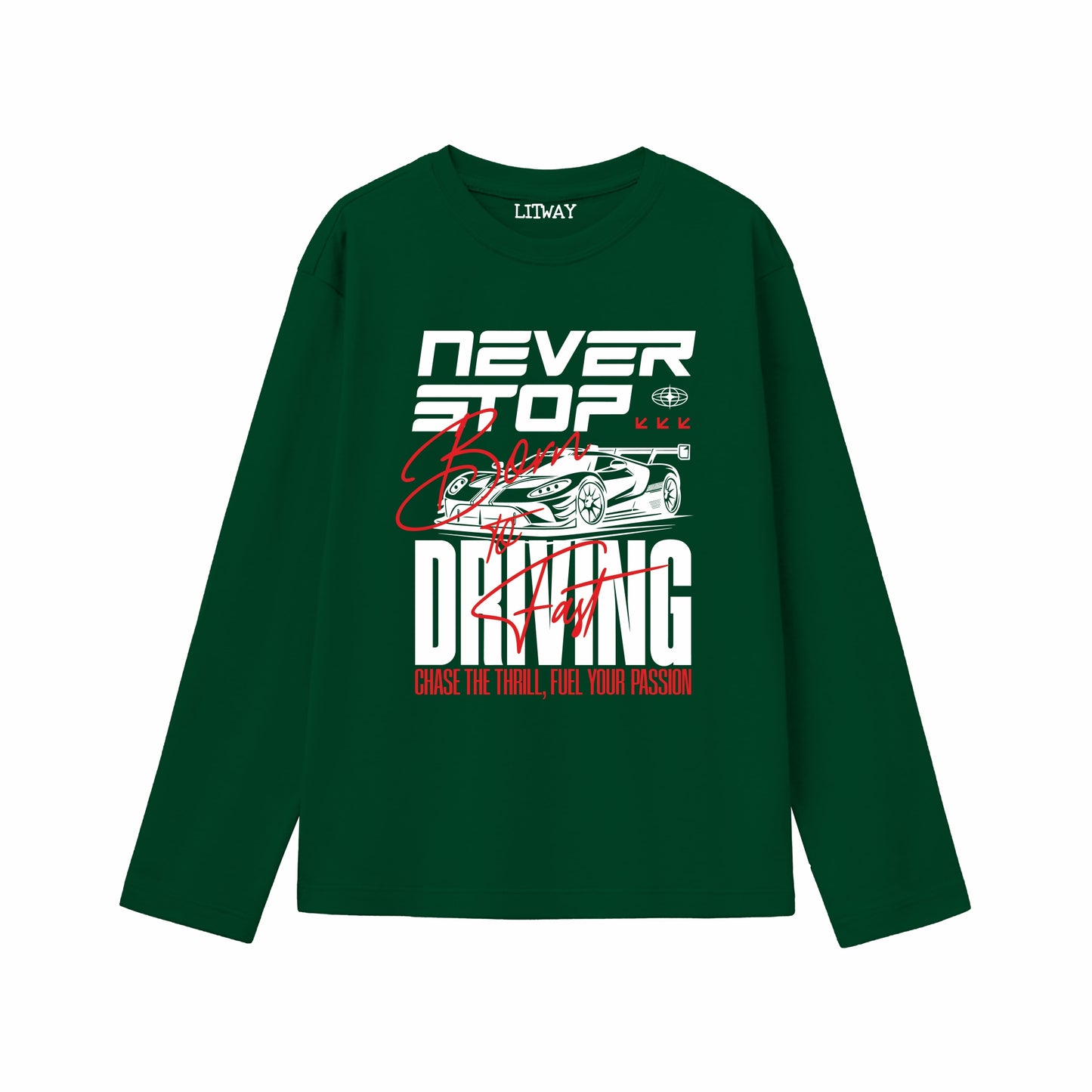 Boys Dark Green Pure Cotton Full Sleeve Graphic T-Shirt | “Never Stop Born to Drive” Racing Car Print Casual Tee | Soft Breathable Kids Wear (Ages 5–16 Years)