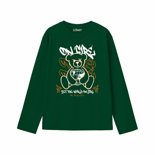 Boys Dark Green Pure Cotton Full Sleeve Graphic T-Shirt | “On Mars” Teddy Bear Print Casual Tee | Soft & Breathable Kids Wear (Ages 5–16 Years)