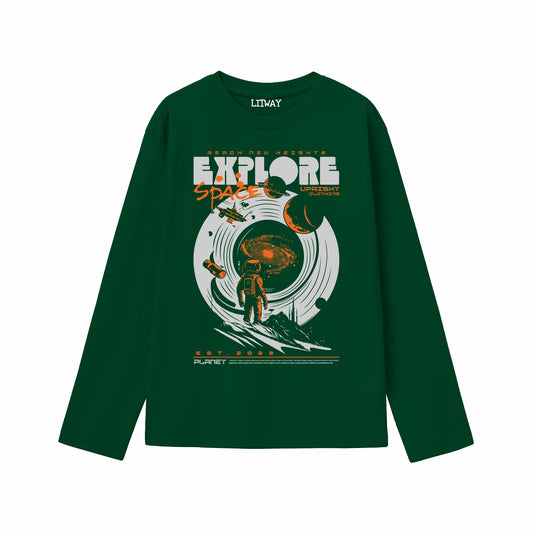 Boys Dark Green Pure Cotton Full Sleeve Graphic T-Shirt | “Explore Space” Astronaut Print Casual Tee | Soft Breathable Kids Wear (Ages 5–16 Years)