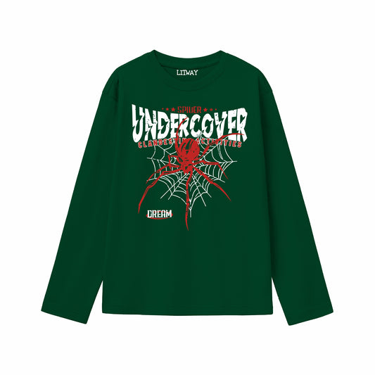 Boys Dark Green Pure Cotton Full Sleeve Graphic T-Shirt | “Underc0ver Spider” Web Print Casual Tee | Soft & Breathable Kids Wear (Ages 5–16 Years)