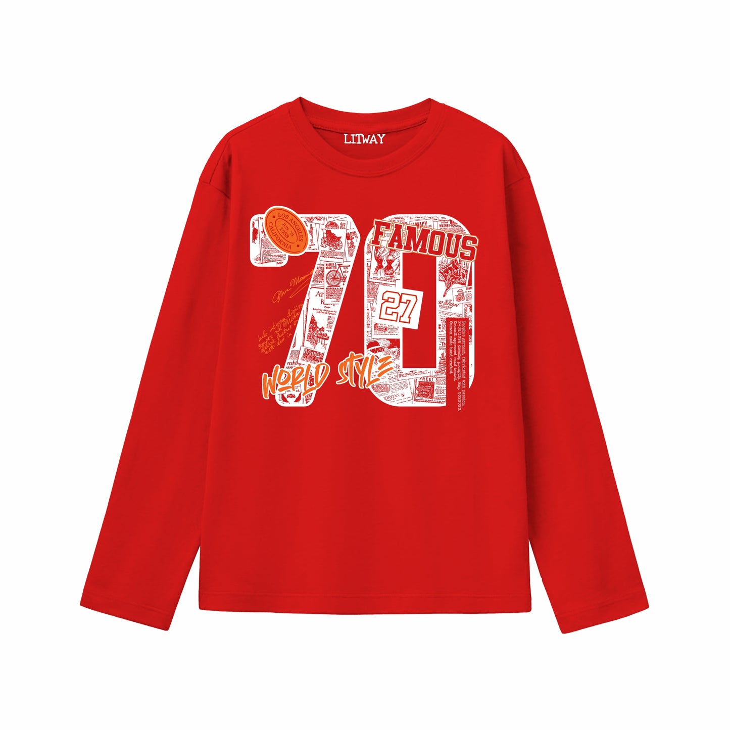 Boys Red Pure Cotton Full Sleeve Graphic T-Shirt – Famous 70 World Style Print | Ages 5–16 Years