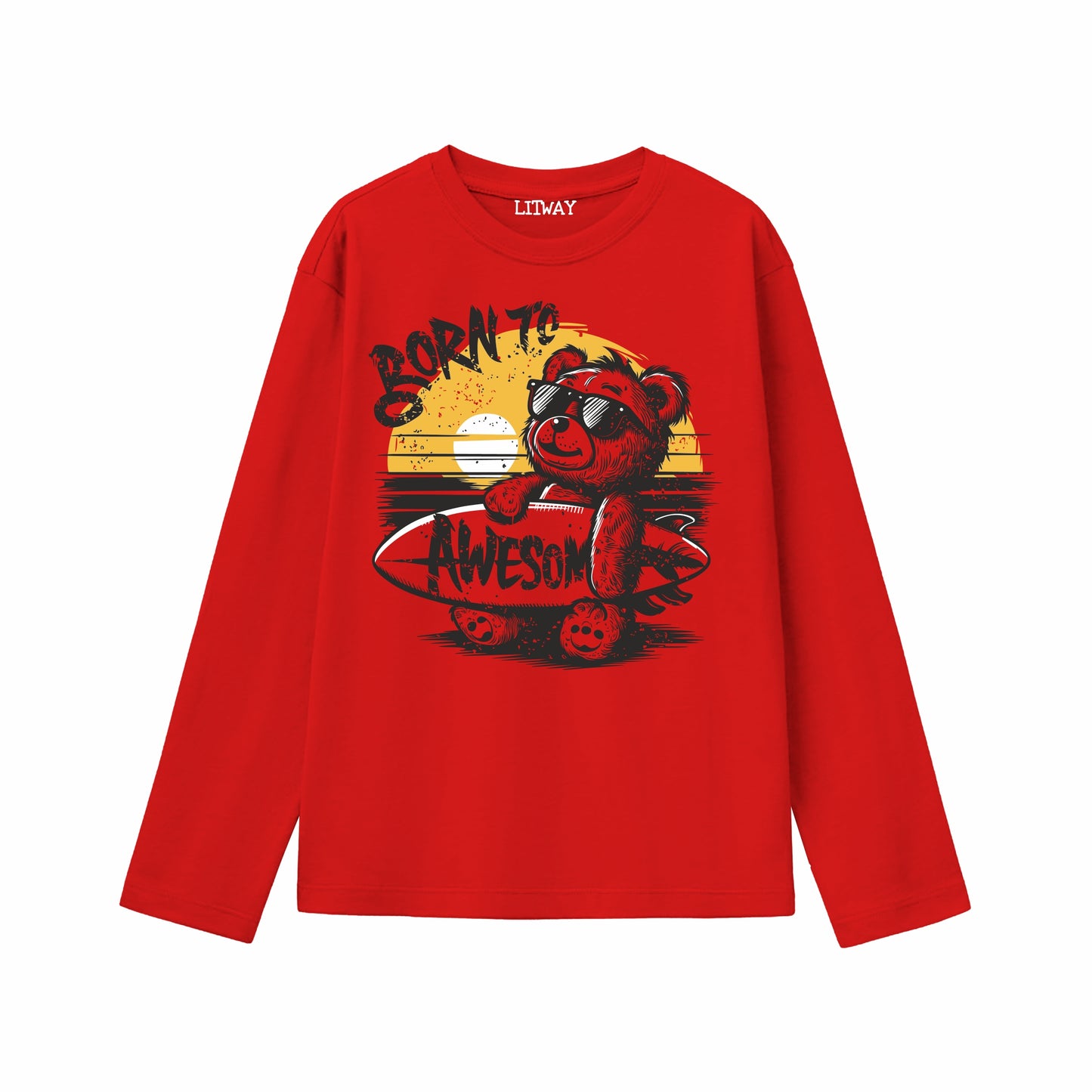 Boys Red Pure Cotton Full Sleeve Graphic T-Shirt – Born to Be Awesome Surf Bear Print | Ages 5–16 Years