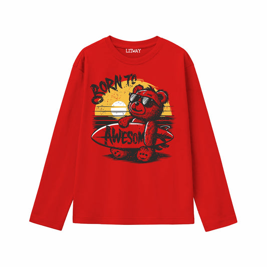 Boys Red Pure Cotton Full Sleeve Graphic T-Shirt – Born to Be Awesome Surf Bear Print | Ages 5–16 Years