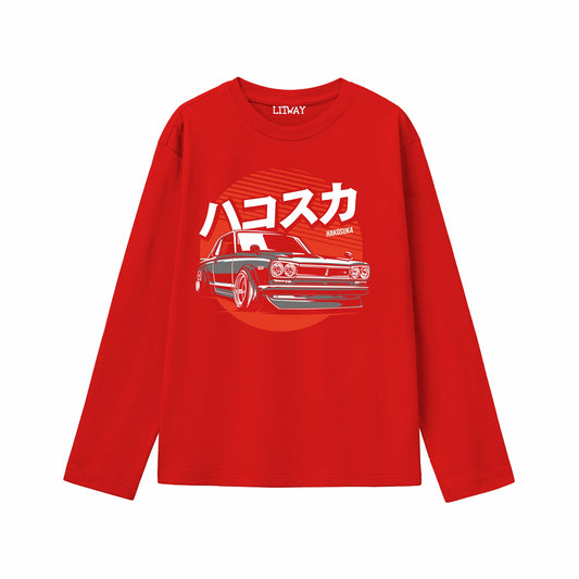Boys Red Pure Cotton Full Sleeve Graphic T-Shirt – Hakosuka Classic Car Print | Ages 5–16 Years