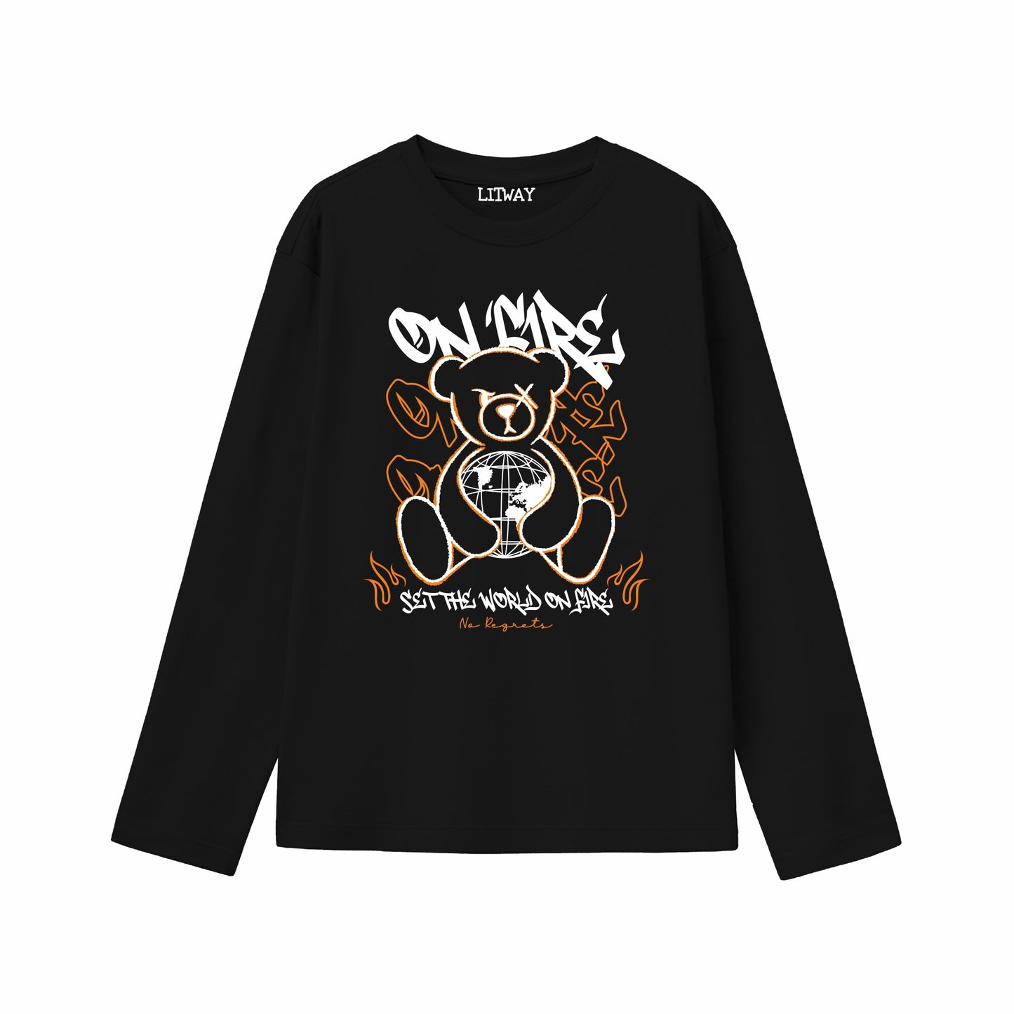 Boys Black Pure Cotton Full Sleeve Graphic T-Shirt | “On Mars” Teddy Street Art Print | Soft Breathable Fabric | Trendy Casual Wear for Kids (5–16 Years)