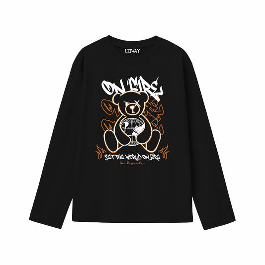 Boys Black Pure Cotton Full Sleeve Graphic T-Shirt | “On Mars” Teddy Street Art Print | Soft Breathable Fabric | Trendy Casual Wear for Kids (5–16 Years)