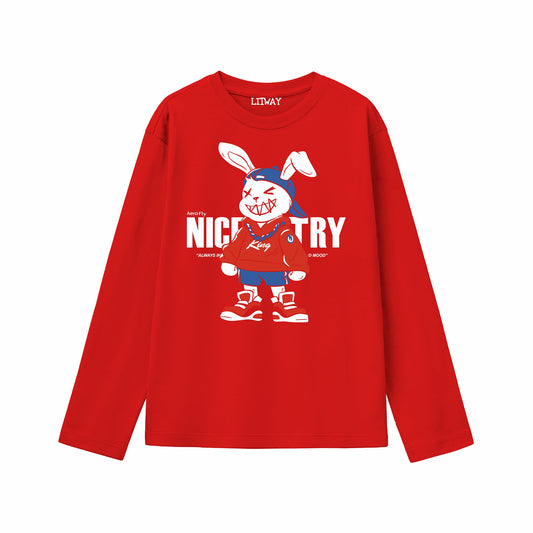 Boys Red Pure Cotton Full Sleeve Graphic T-Shirt – Nice Try Bunny Print | Ages 5–16 Years