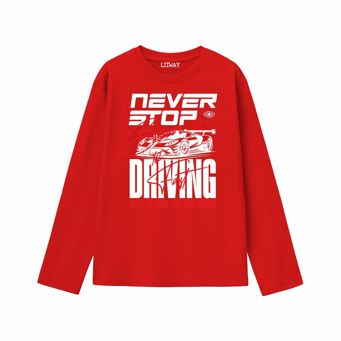 Boys Red Pure Cotton Full Sleeve Graphic T-Shirt – Never Stop Driving Car Print | Ages 5–16 Years