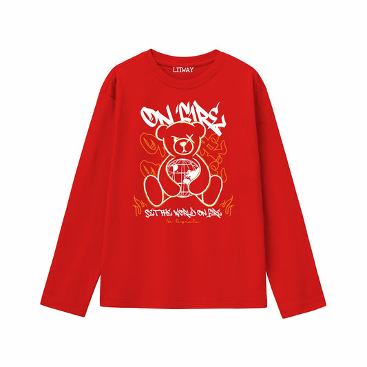 Boys Red Pure Cotton Full Sleeve Graphic T-Shirt – On Fire Teddy Bear Print | Ages 5–16 Years